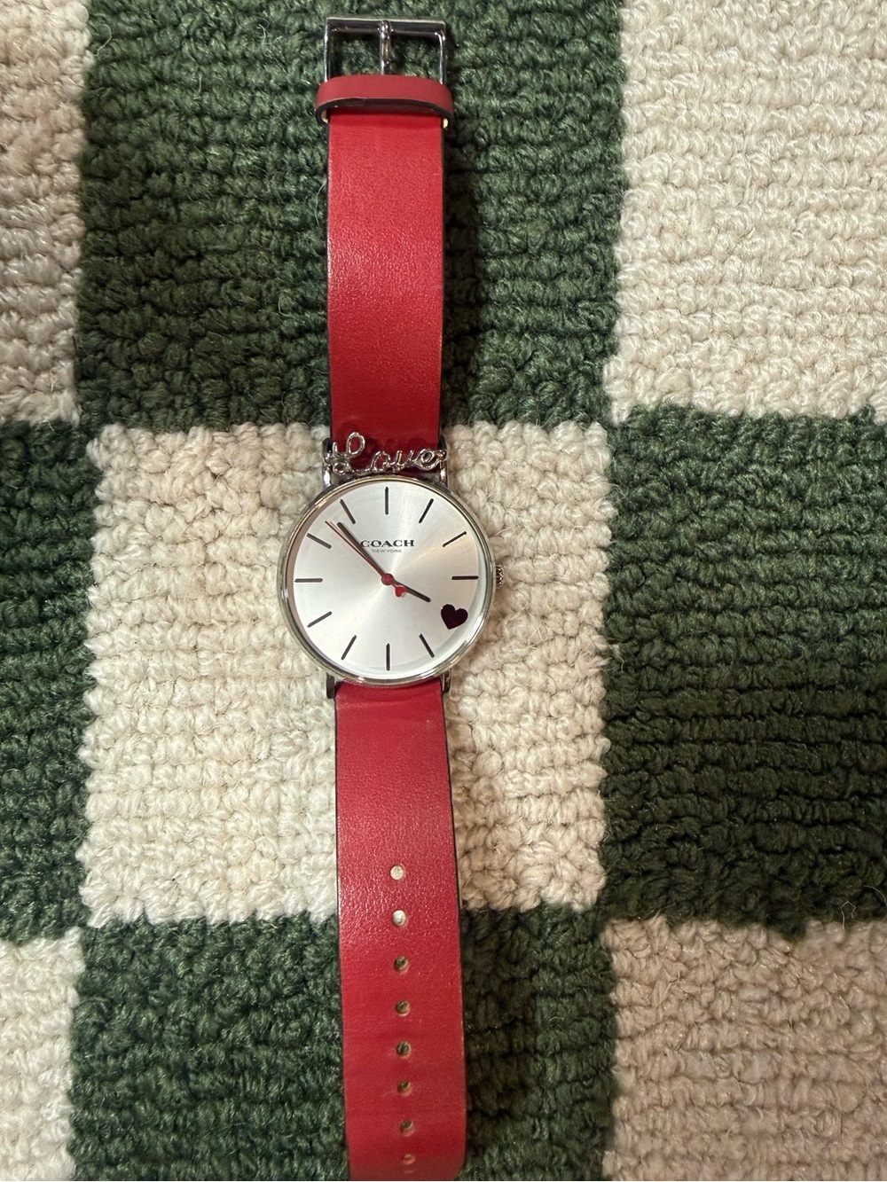 Coach Women's Red Leather Strap Heart Accent Silver-Tone Dial Watch